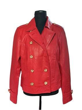 G by Giuliana Red Double-Breasted Leather Jacket with Gold Buttons